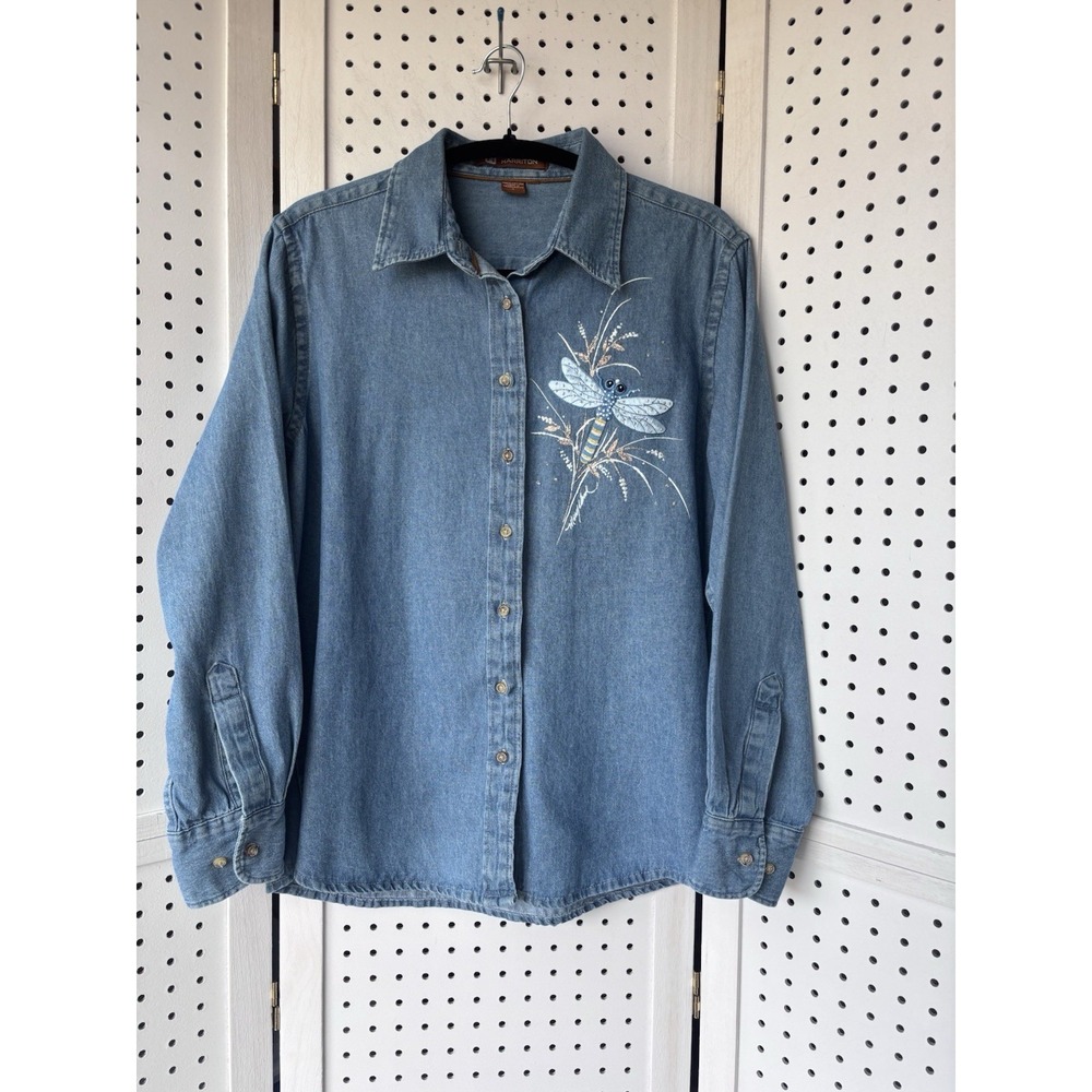 Women's Lg‎ (M) Dragonfly Embroidered Button Front Denim Shirt Long SLV Harriton